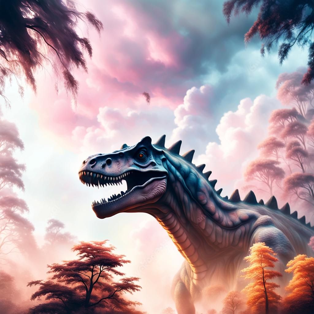 Surreal Dinosaur Portrait in Misty Forest