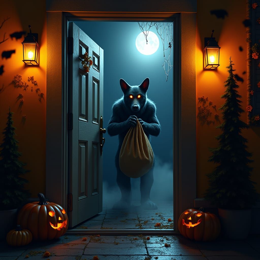 Eerie Dogman at Door on Halloween Night