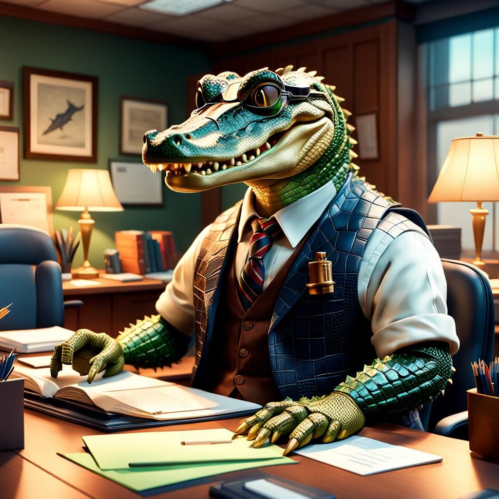 Anthropomorphic Alligator Detective in Detailed Office, Digi...