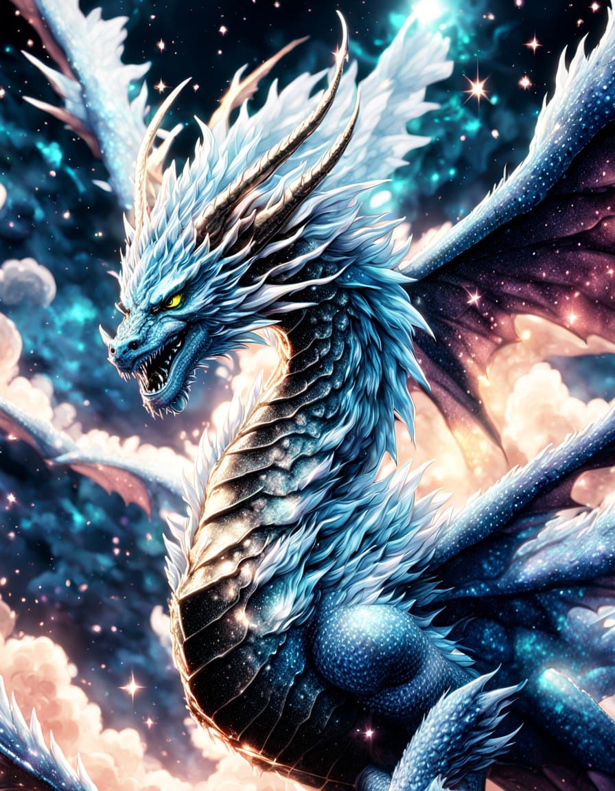 Celestial Ice Dragon Soaring Through Nebula in Manga Style