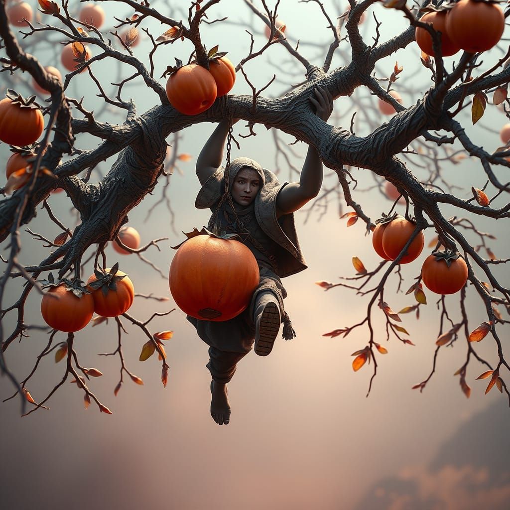 Dry Thorny Tree-Man Sways Beneath Persimmon Fruit in a Fanta...