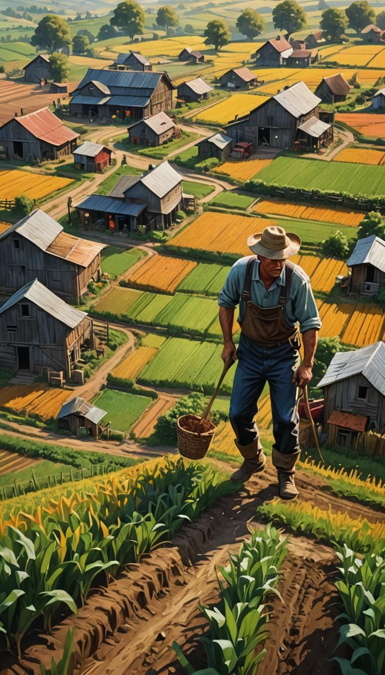 Hyperrealistic Village Farmer Working Fields