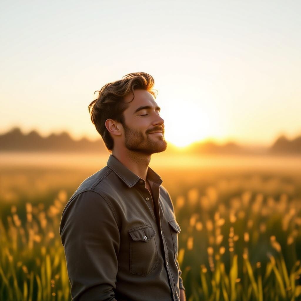 Man Breathes Deeply in Sunrise Landscape