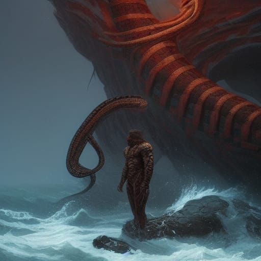 Snake Man Enters Ocean: Dark Fantasy Concept Art