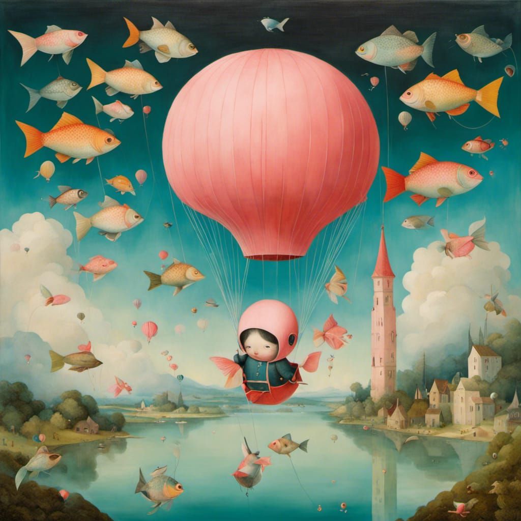 Fish Parachuting in Art Brut Style