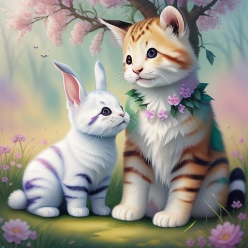 Fantasy Art: Kittens, Bunnies, and Pandas Playing