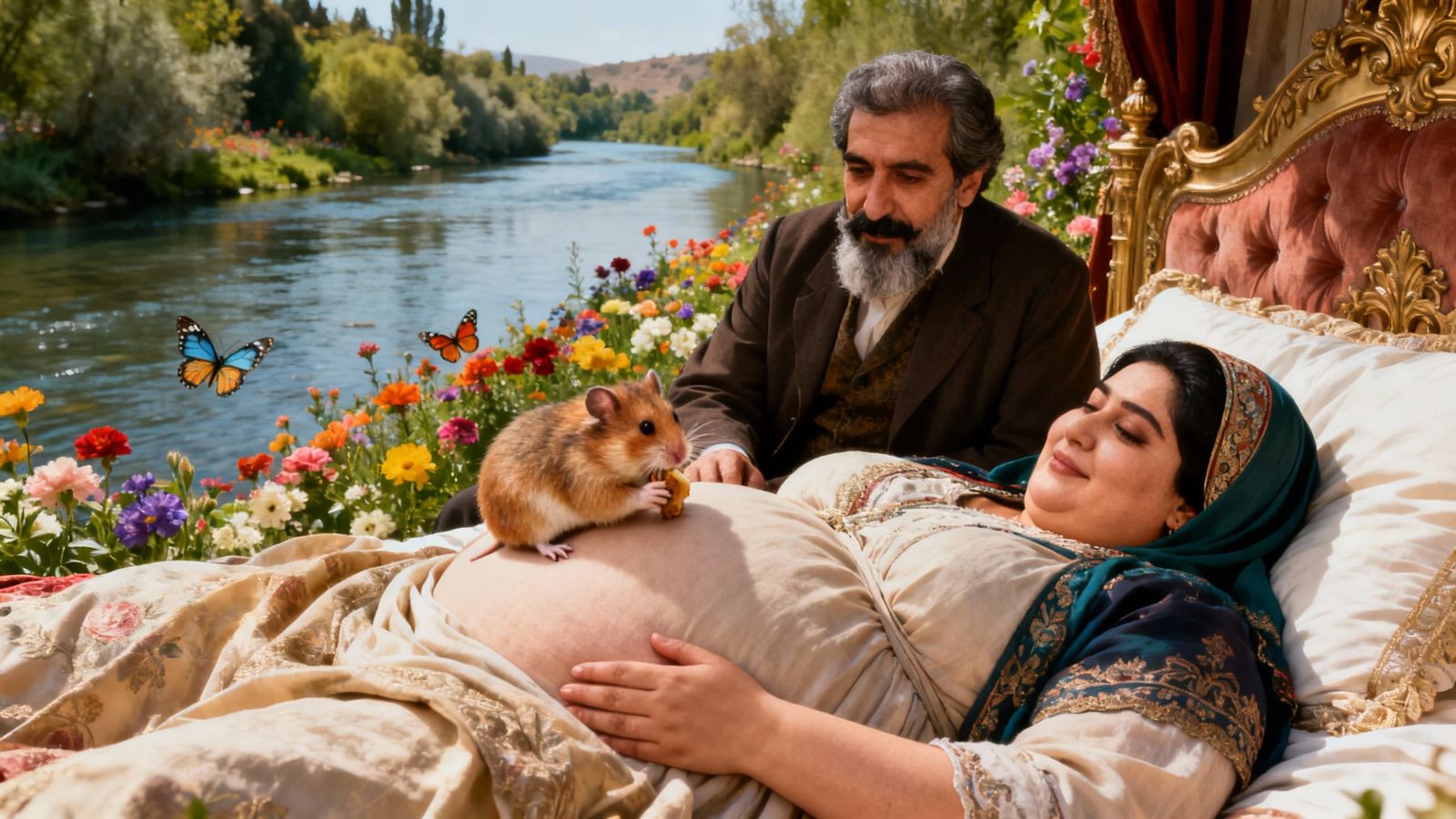 Woman and Hamster by River with Royal Bed