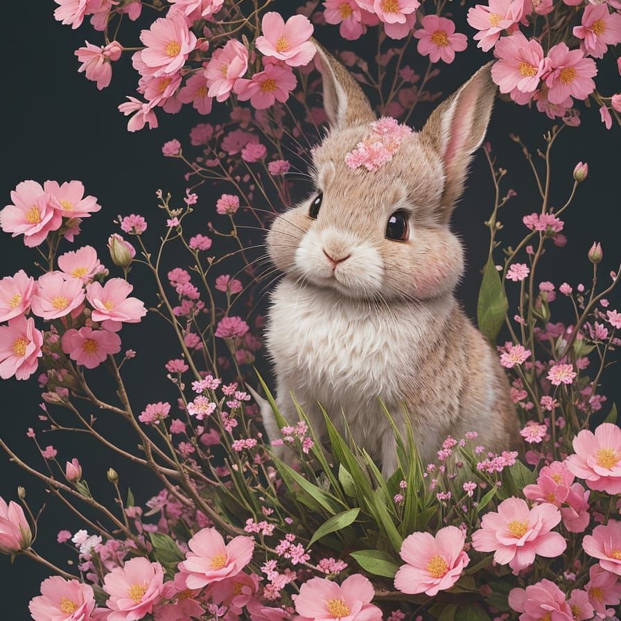 Rabbit with Pink Flowers in Detailed Digital Art