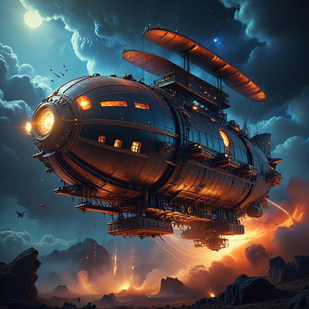 Majestic Steampunk Airship in Cosmic Nebula