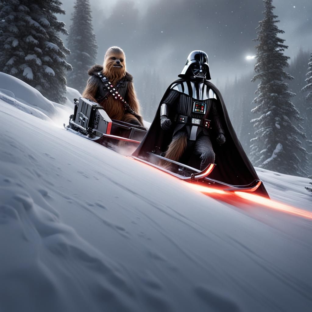 Darth Vader and Chewbacca Sledding, Detailed Matte Painting