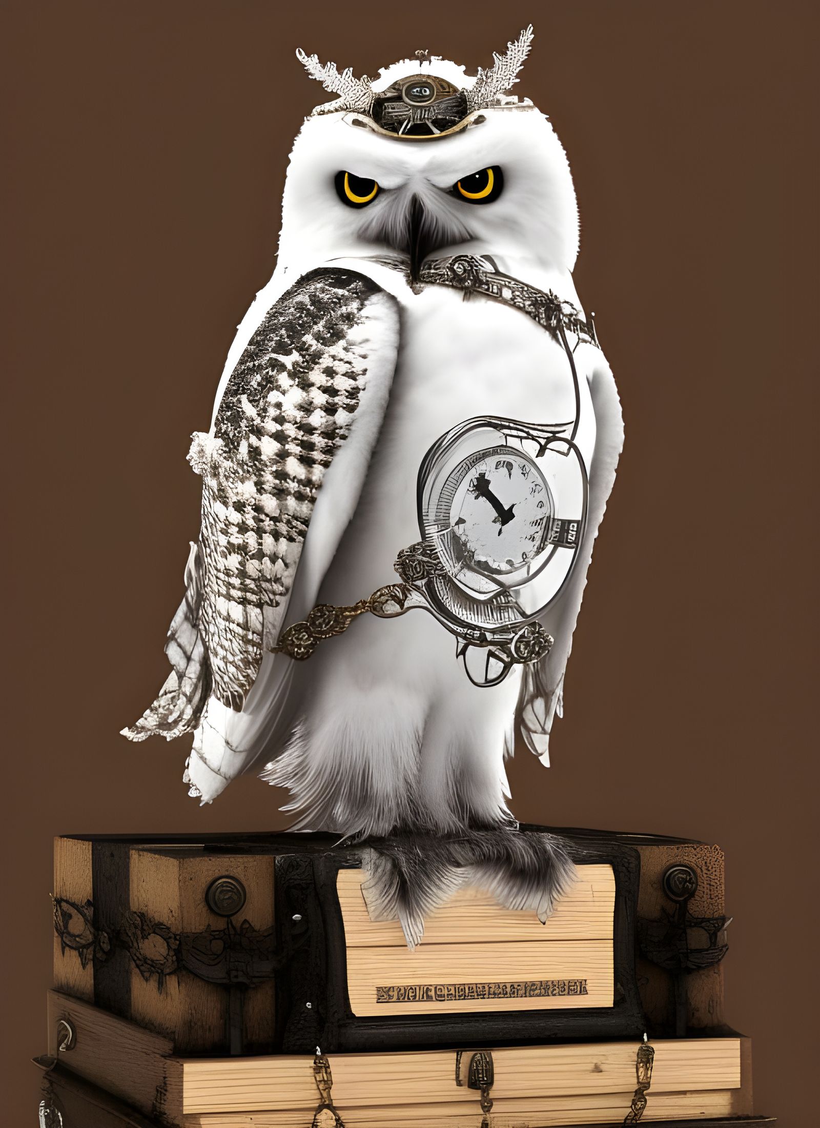 Ornate Steampunk Snowy Owl in 8K Resolution