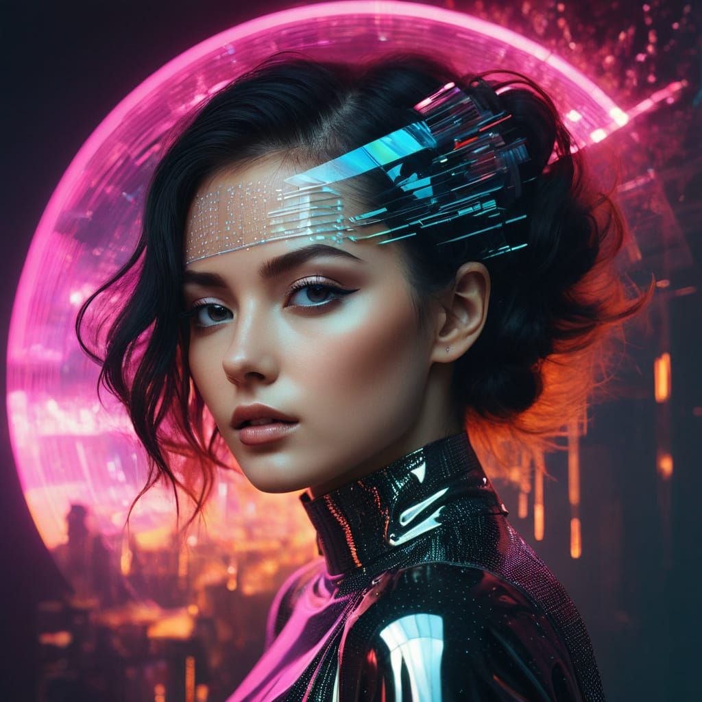 Cyberpunk Portrait in Double Exposure Style
