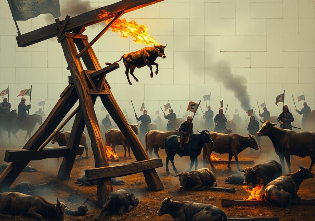 Trebuchet Launches Flaming Cow in Retro Kandinsky Style