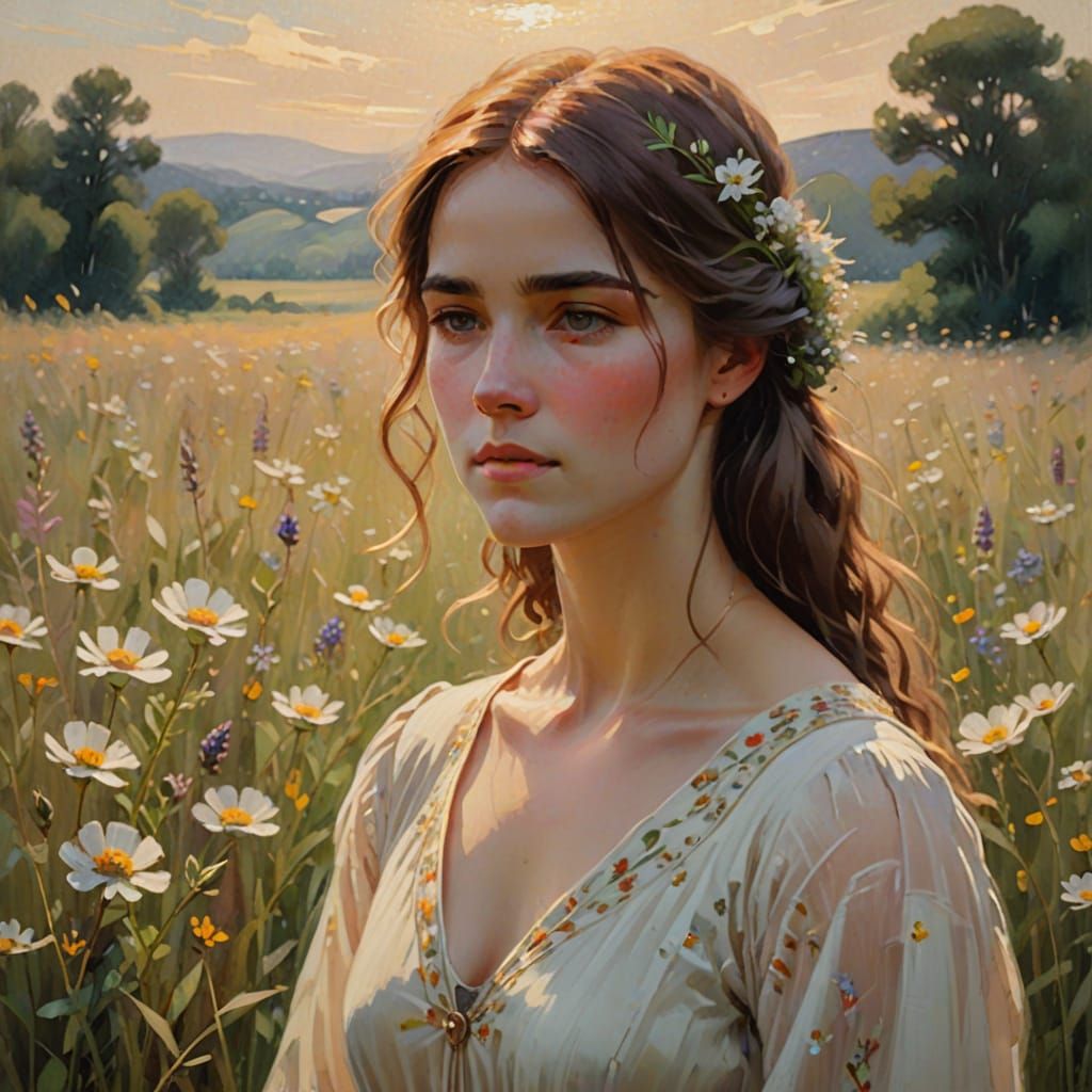 Woman in Wildflower Field: Impressionist Painting