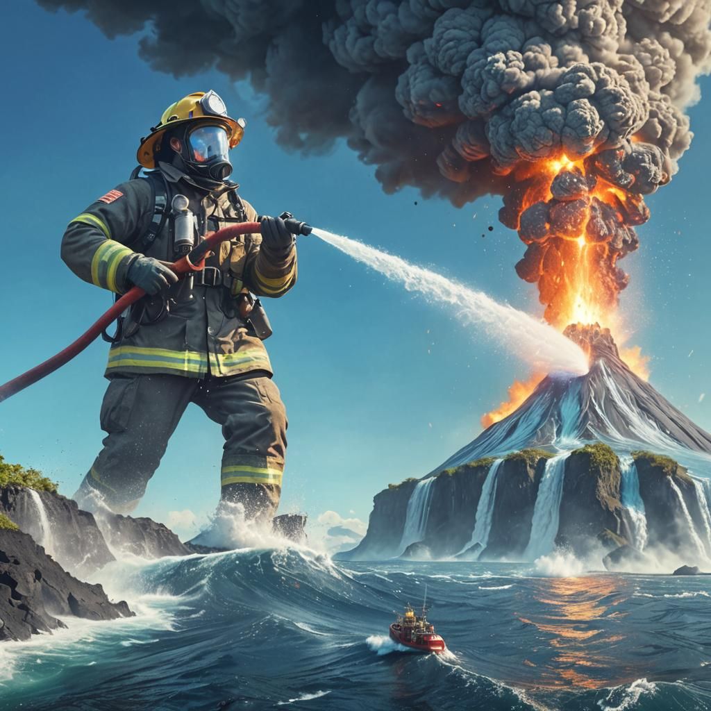Giant Firefighter Extinguishes Volcano in Surreal Photoshop
