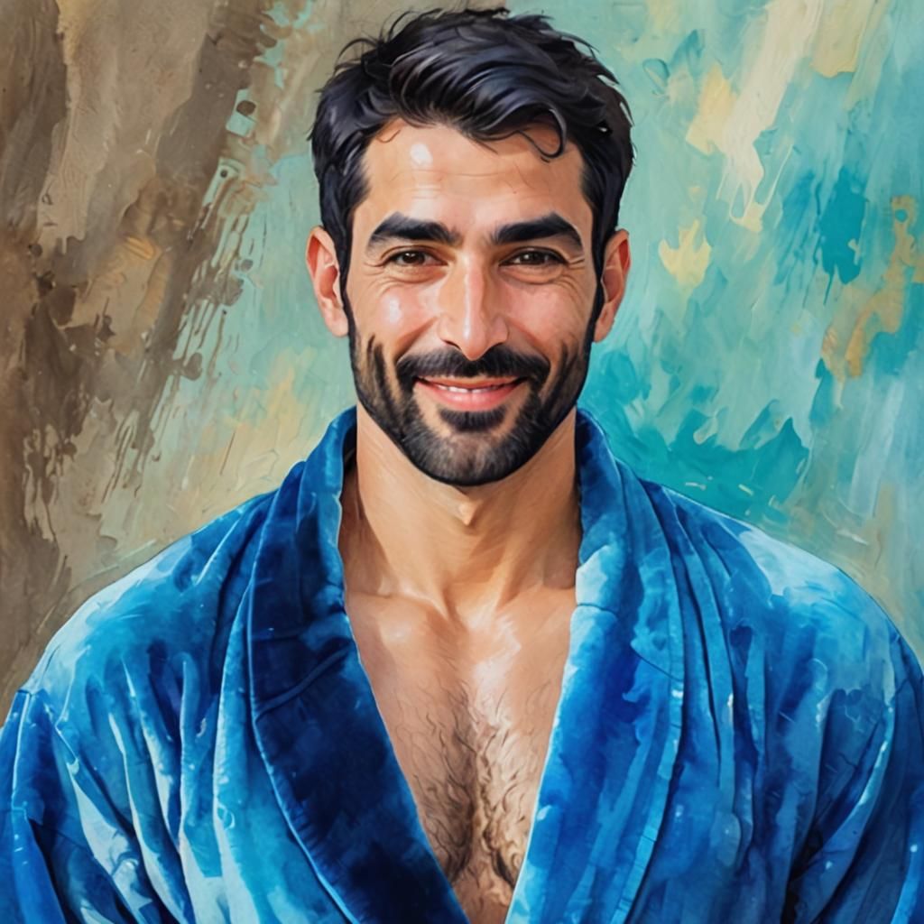 Joyful Man in Blue Velvet: Impressionist Digital Portrait