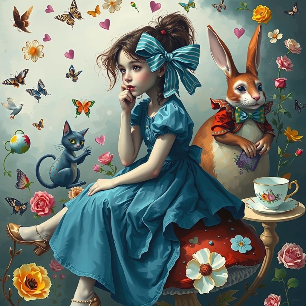 Surreal Whimsical Oil Painting of Young Woman Lost in Though...