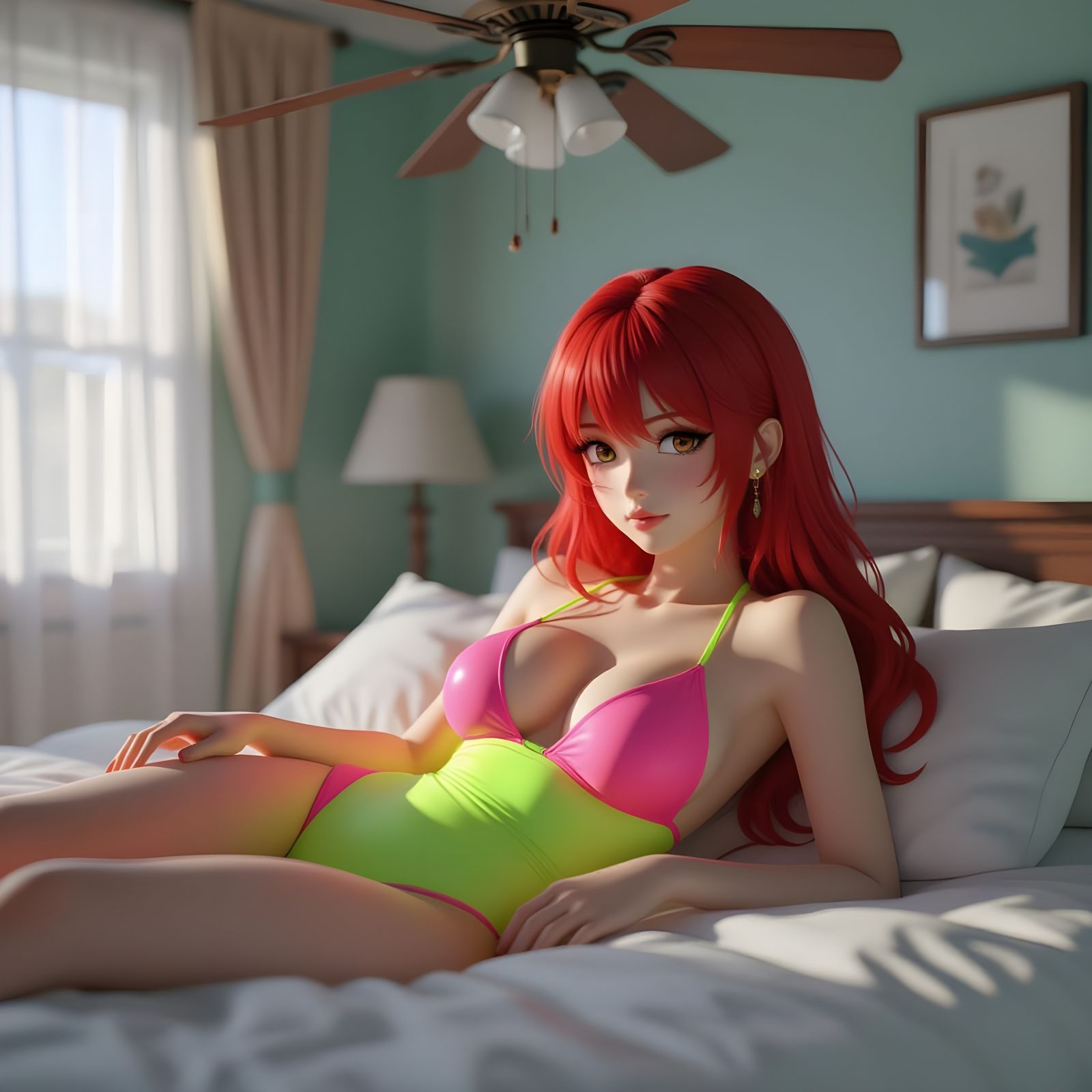 Red-Haired Woman Relaxing in Muted Tones, 3D Anime Style