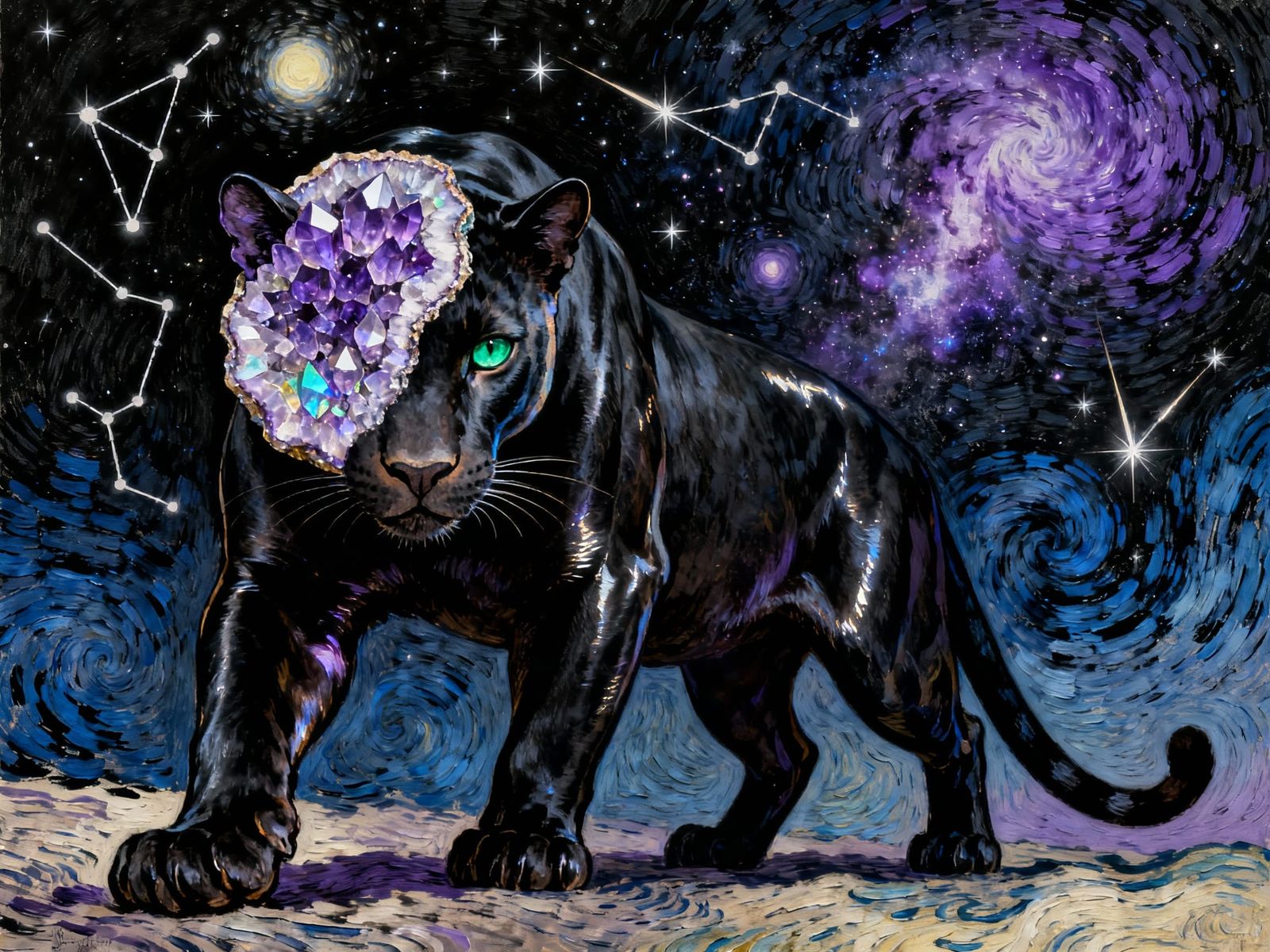 Black Panther with Geode Head Amidst Astral Patterns