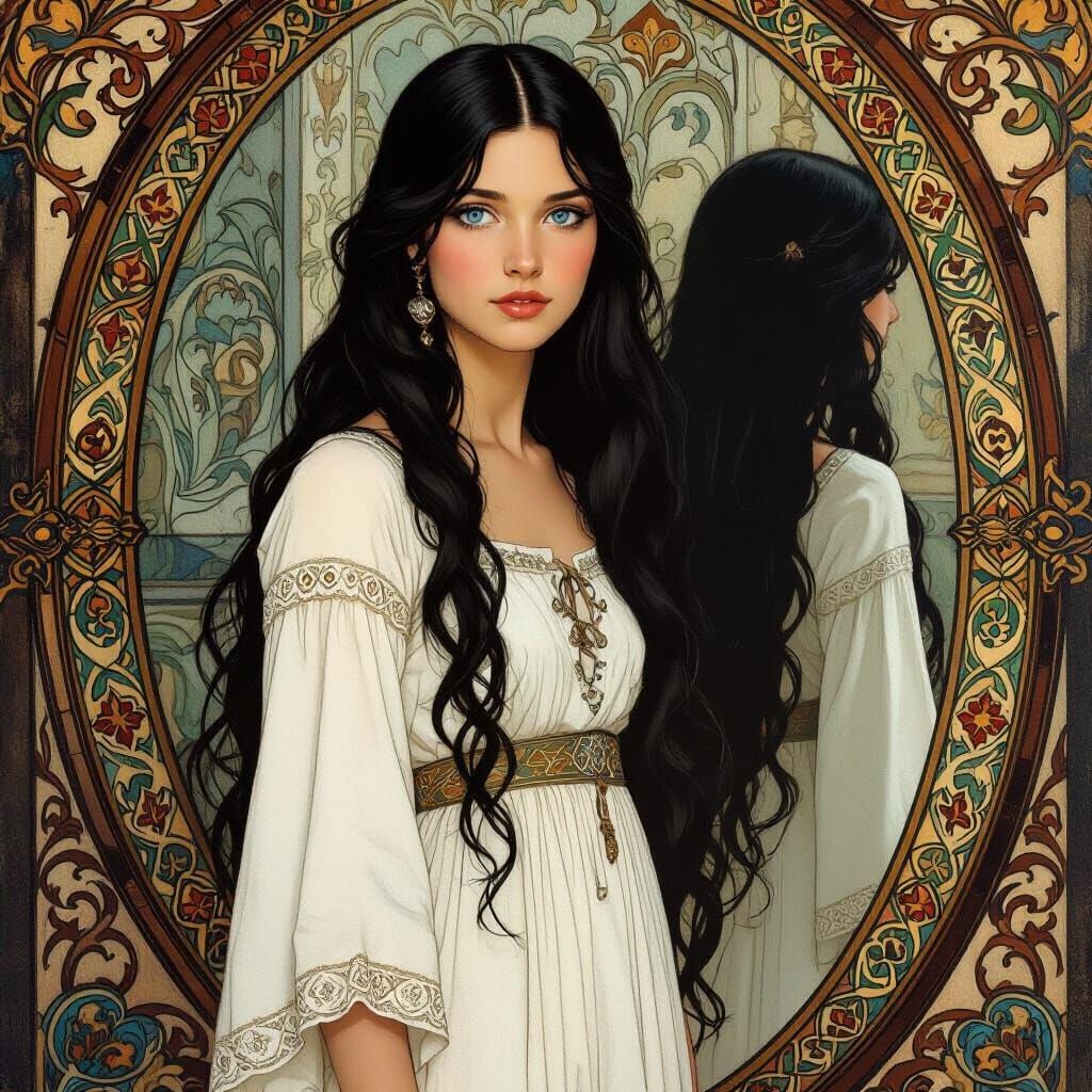 Medieval Woman with Celtic Dress in Art Nouveau Style