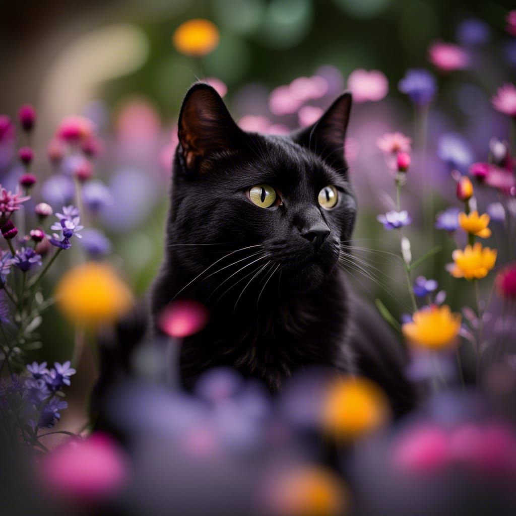 Black Cat Playing in Flowers: Professional Photography