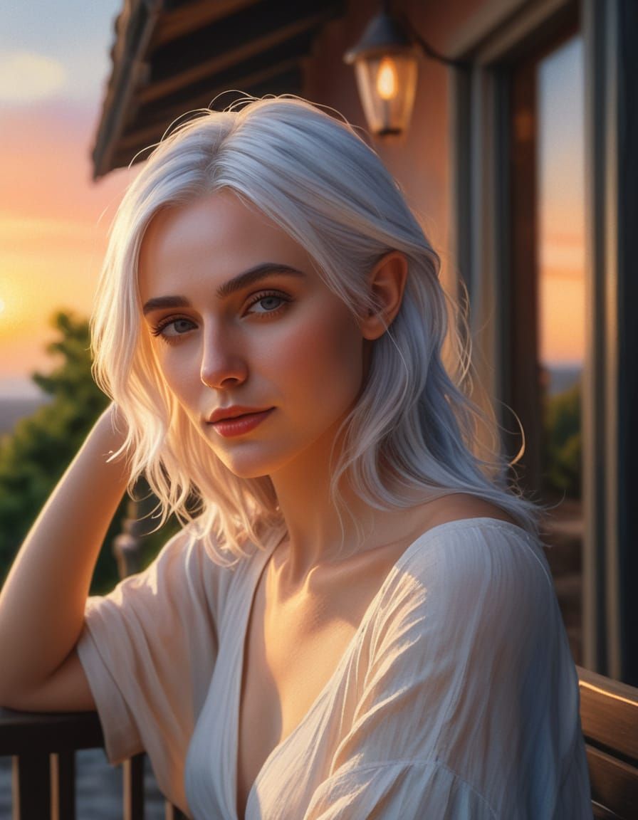 Elf Woman Watching Sunset in Impressionist Style