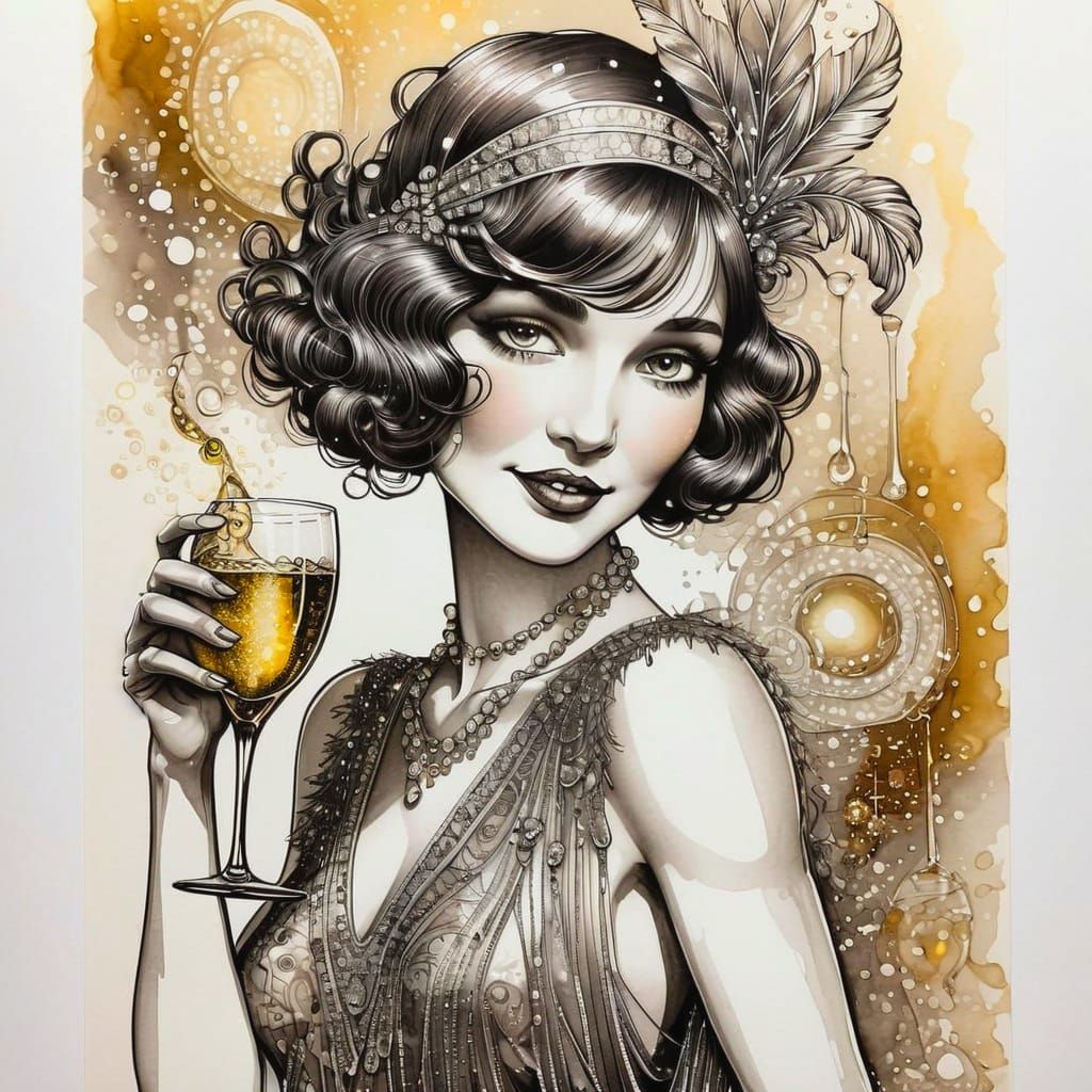 Detailed Pen and Ink Drawing of Flapper Girl