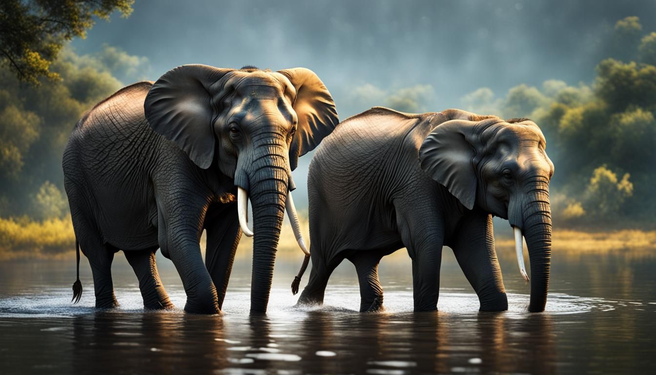 Elephants in Lake: Hyperrealistic Cinematic Photography