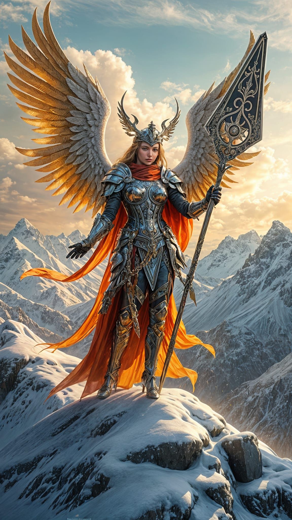 Chrome Valkyrie Warrior on Snow Mountain, Art Nouveau