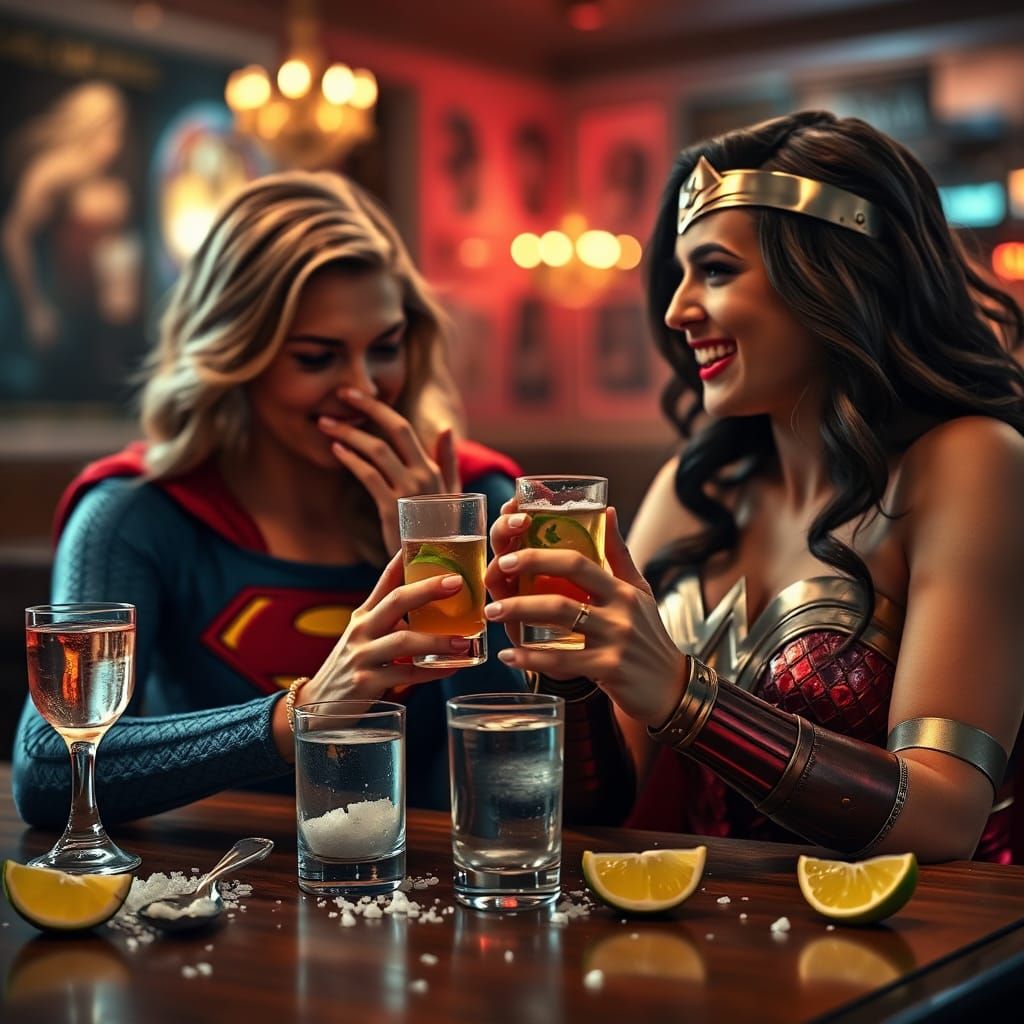 Supergirl and Wonder Woman Enjoying Tequila: 3D Digital Art