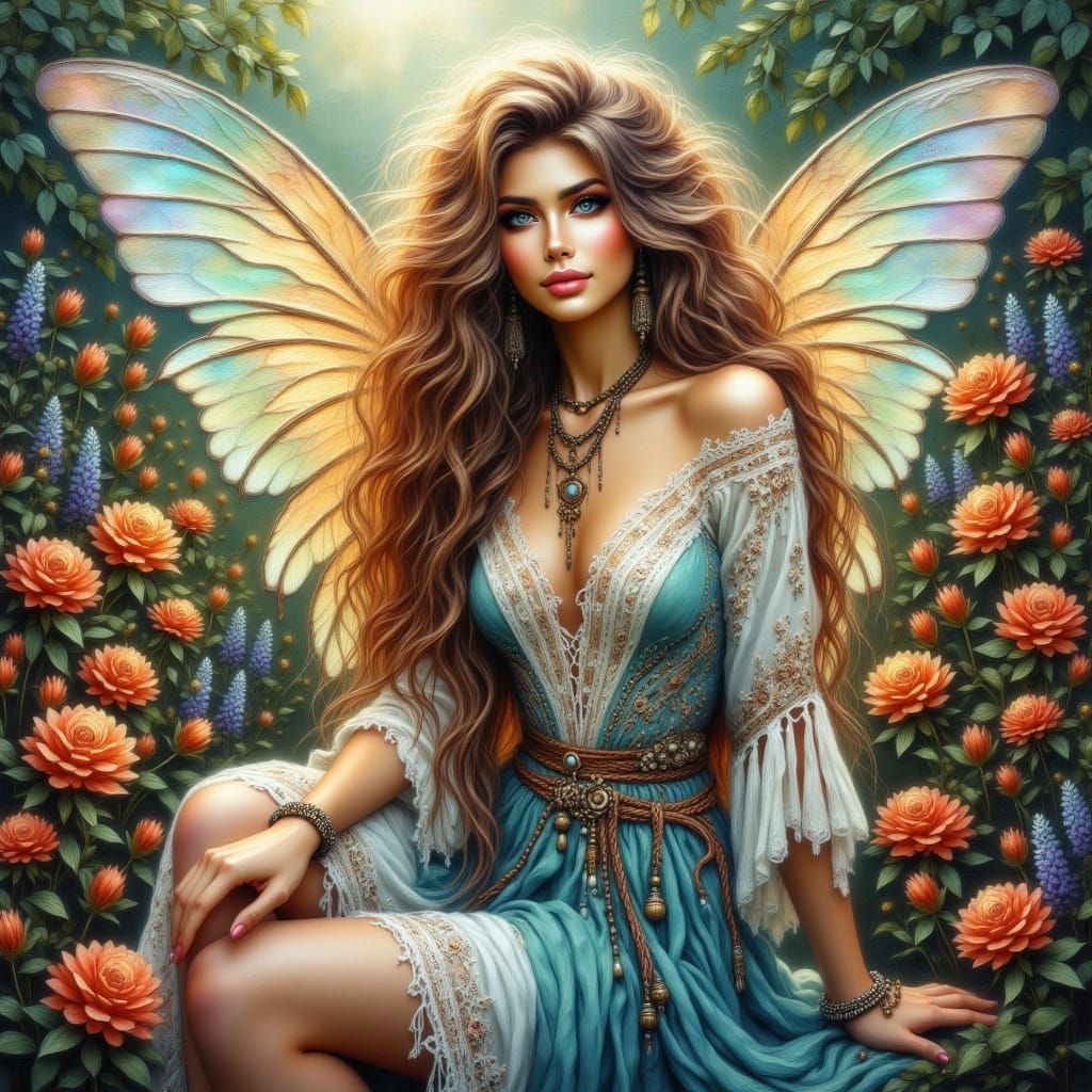 Ethereal Fairy in Lush Flora: Digital Art