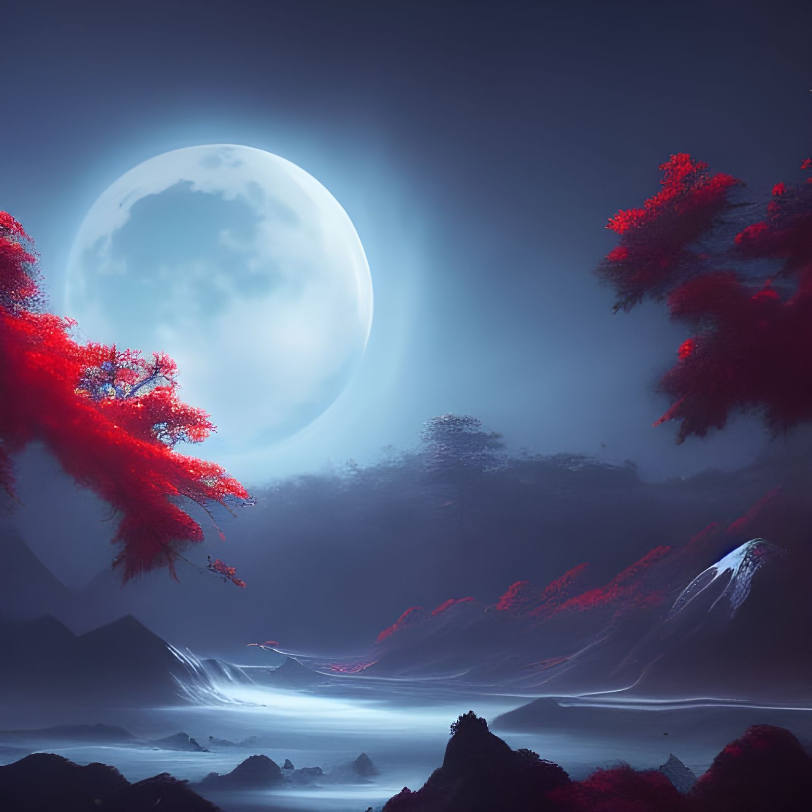 Black Crescent Moon Over Red Stream: Digital Matte Painting