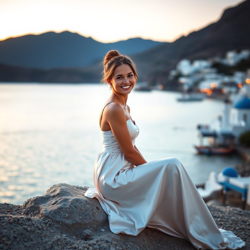 Woman in White Dress on Greek Beach at Sunset