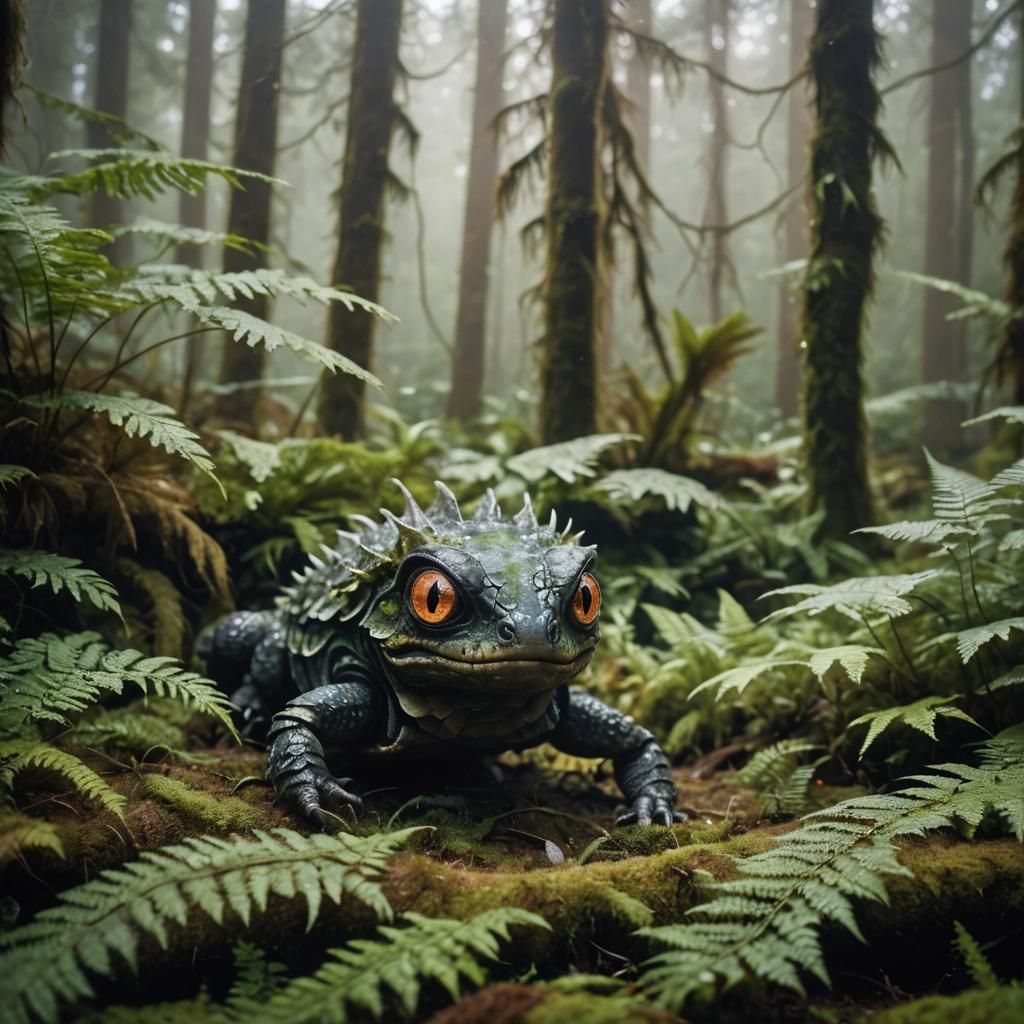 Mysterious Creature with Glowing Eyes in Misty Forest