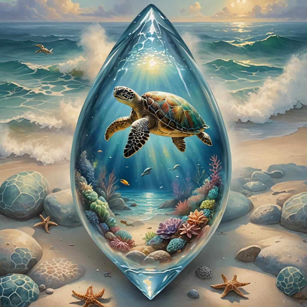 Sea Turtle in Glass Teardrop: Ethereal Beach Fantasy