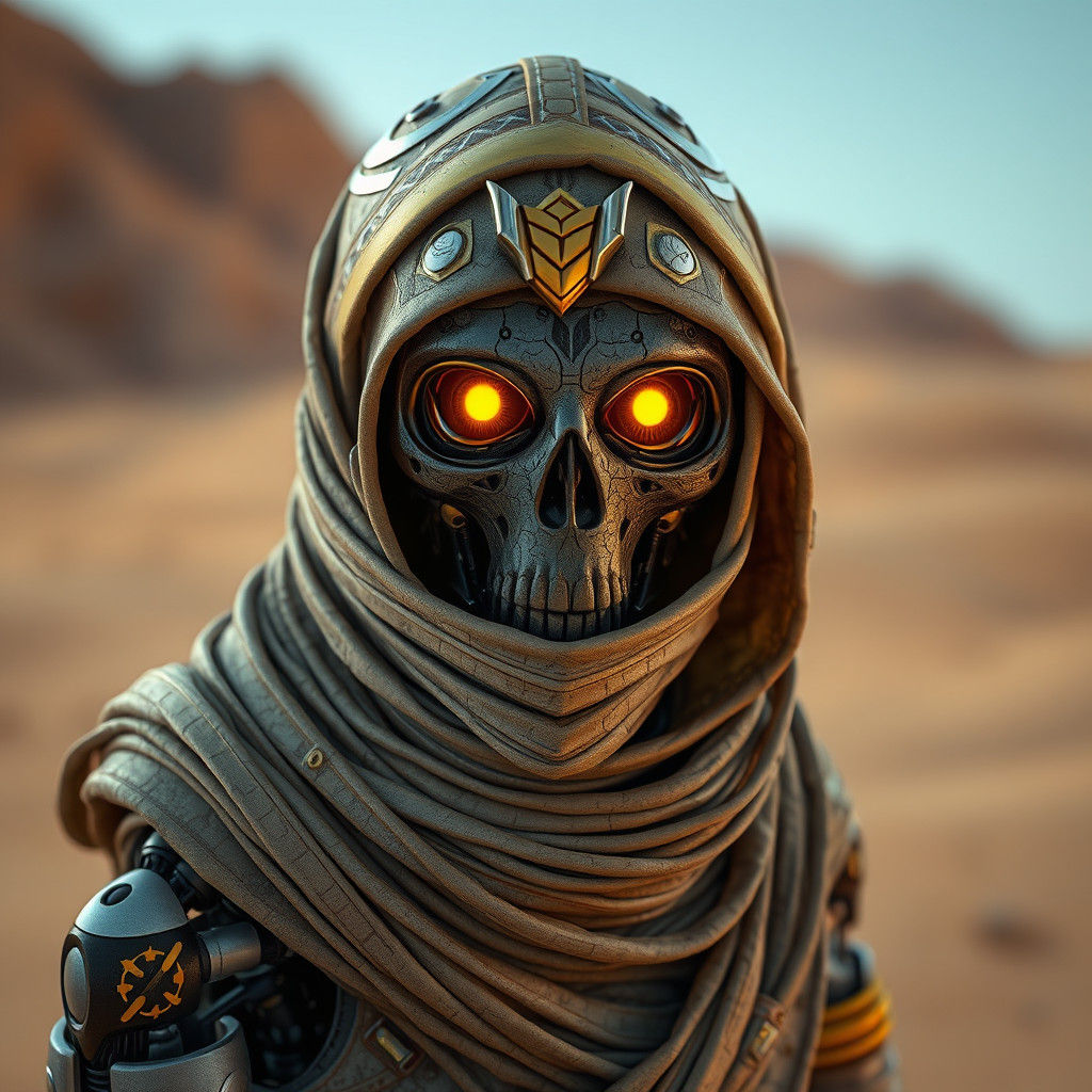 Cyborg Mummy with Golden Headdress in Desert Scene