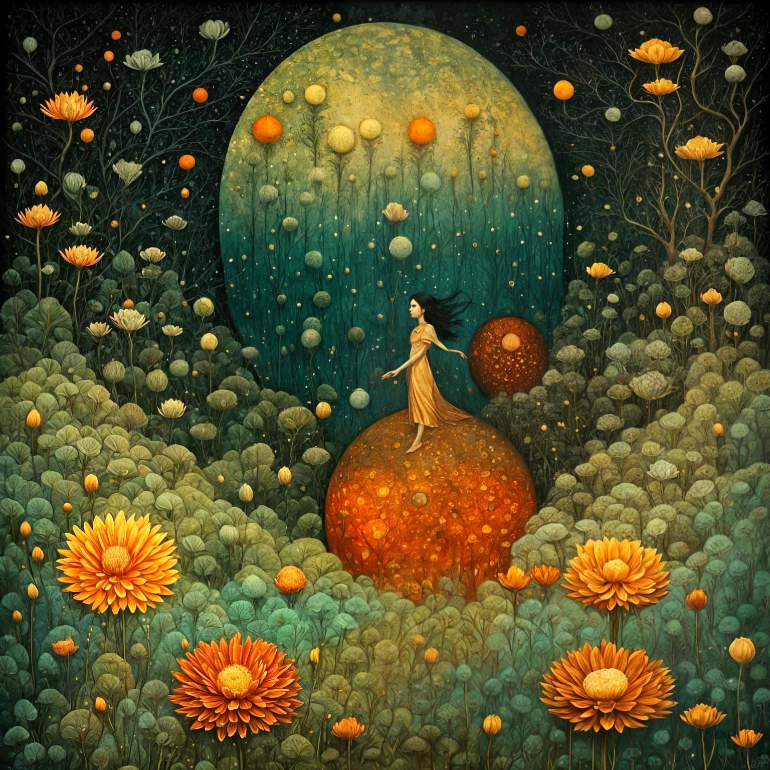 Whimsical Dark Floral Collage in Folk Art Style