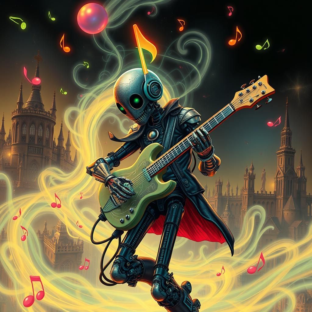 Biopunk Robot Plays Guitar in Futuristic Cityscape