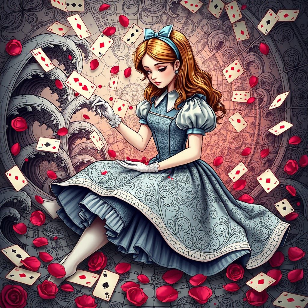 Whimsical Queen Abandoned by Alice in a Dreamlike Scene