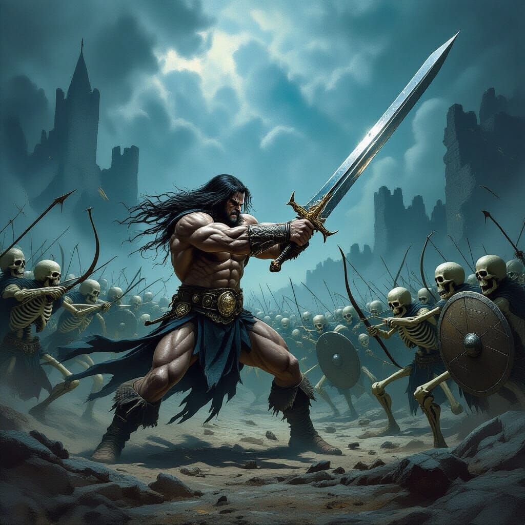 Conan the Barbarian Fights Skeletons in Dark Fantasy Art