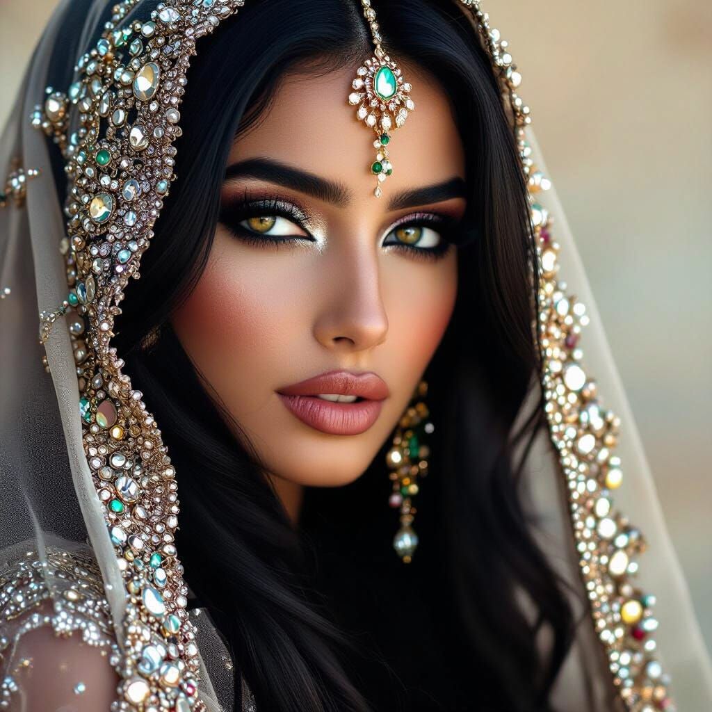 Arabian Woman with Jewels and Veil: Photorealistic Portrait