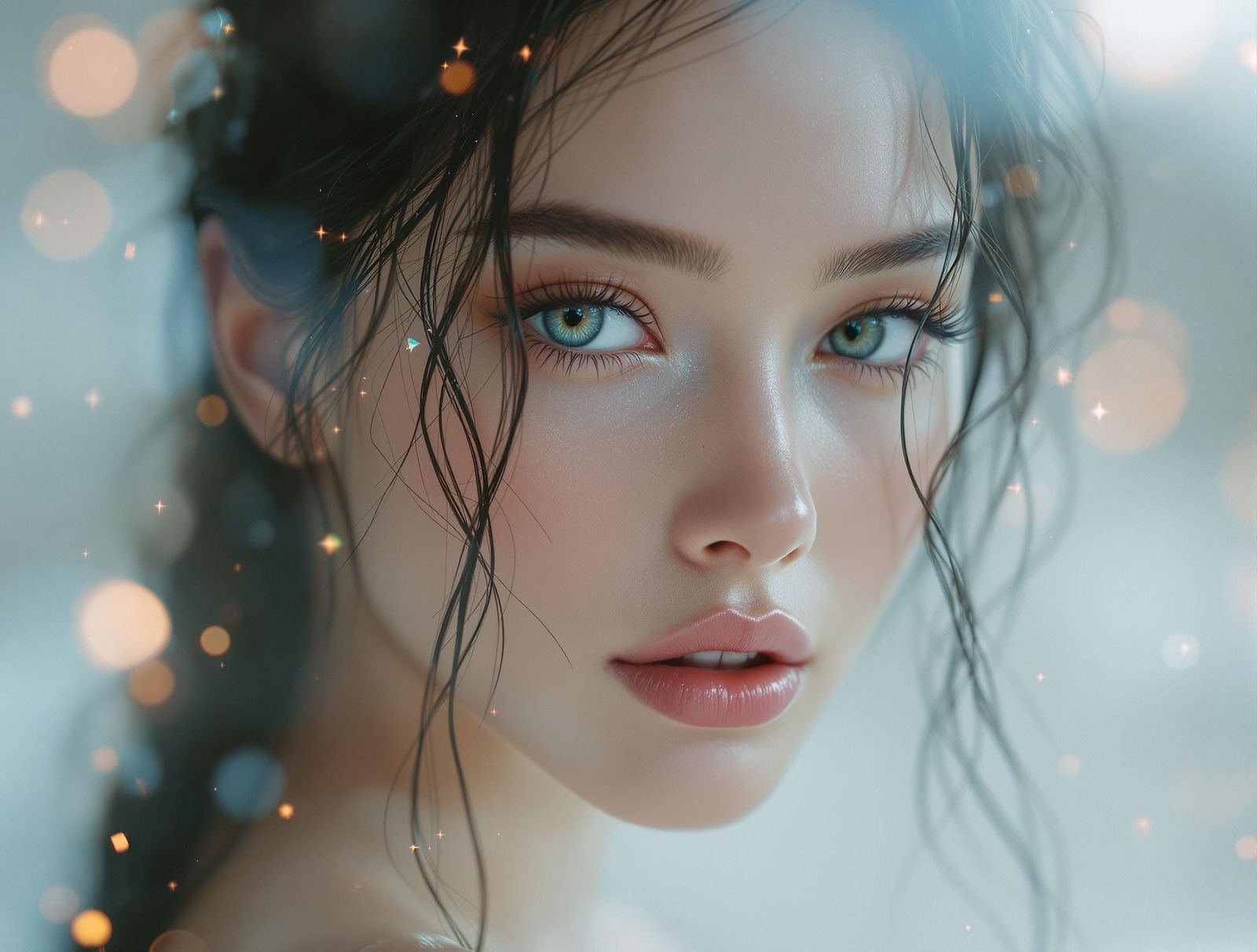 Hyperrealistic Portrait in Soft Focus with Alabaster Skin an...