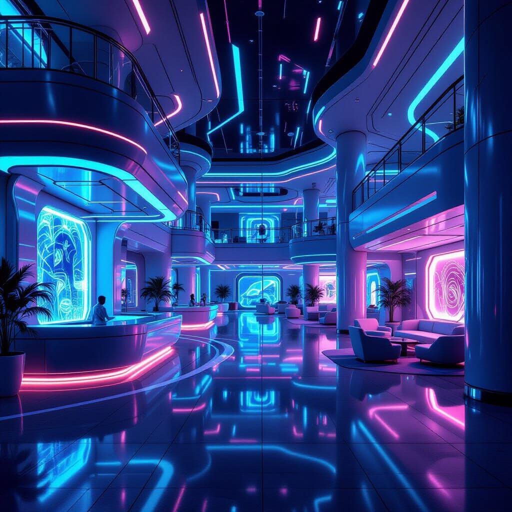 Futuristic Hotel Lobby with Neon Lights and Sleek Lines