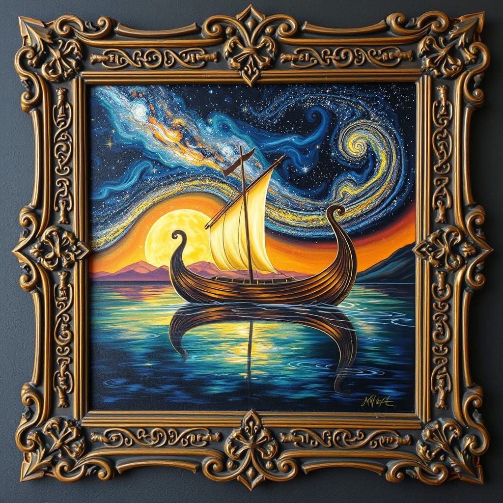 Surreal Art Nouveau Scene with Viking Longboat under Celesti...
