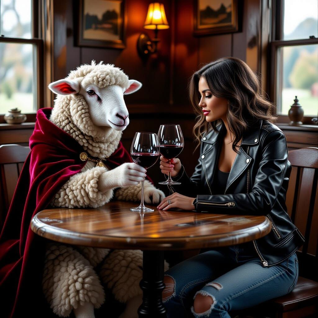 Lamb and Biker Share Wine: Hyperrealistic Digital Art