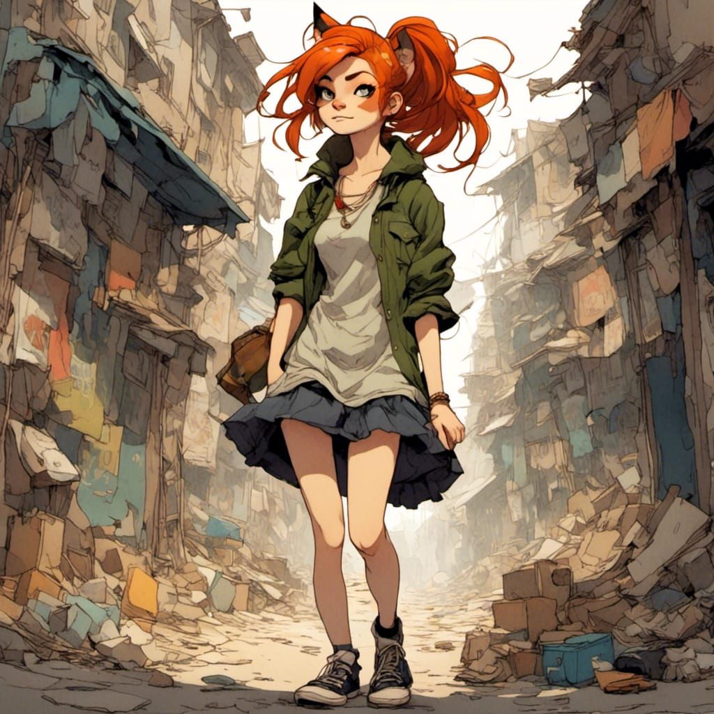 Fox-girl VIXEN ginger hair ponytail, drawn in the art style of Jamie Hewlett and Gorillaz, 1960s dress and shoes