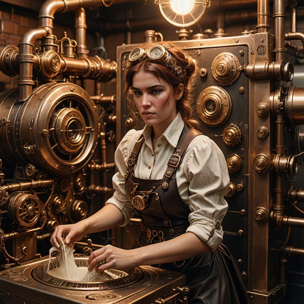 Steampunk Woman Uses Washing Machine in Kitchen