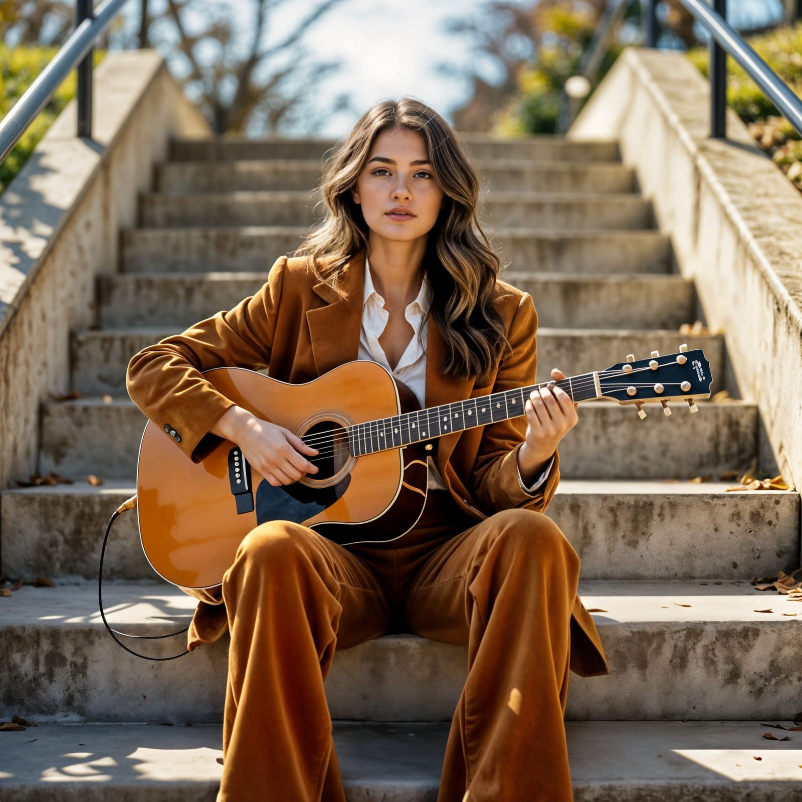 Young Woman in Corduroy Suit with Guitar