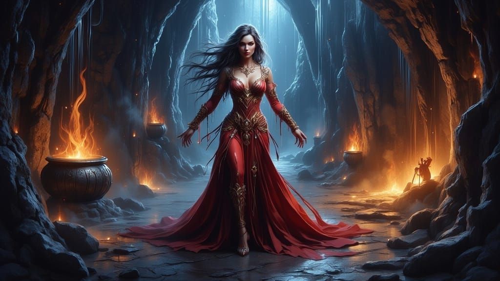 Curvy Sorceress Casting Spells in a Dark Cave