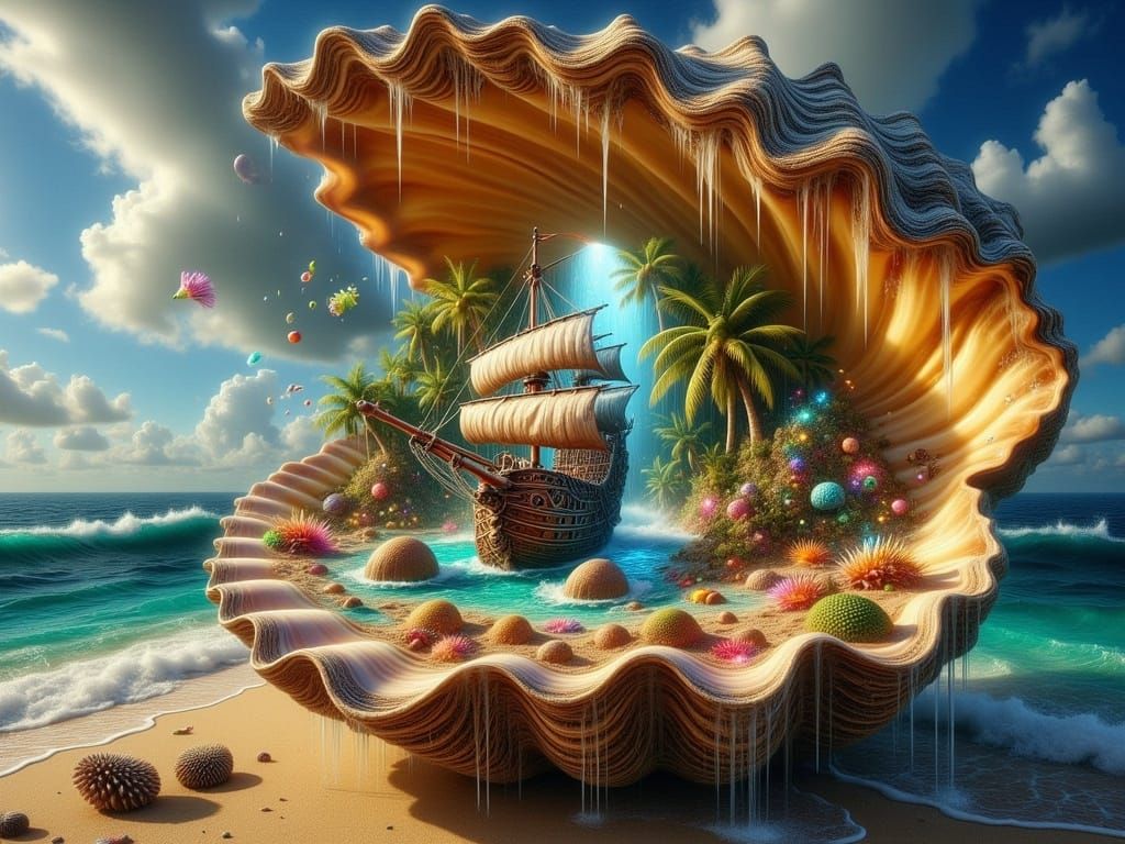 Fantasy Pirate Island Inside Giant Oyster Shell